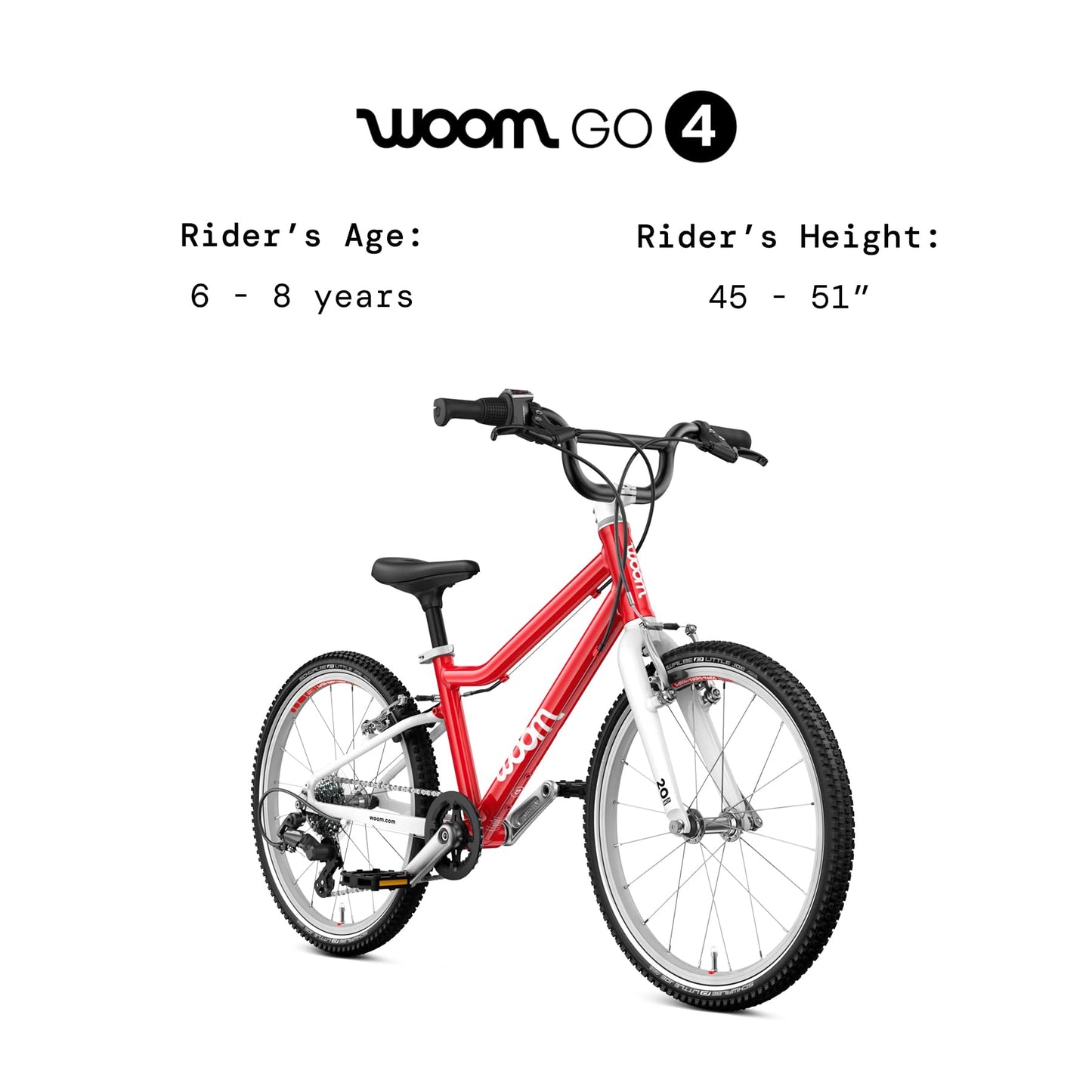 woom GO 4 Bicycle for Kids 6 to 8 Years Old, 20-Inch Lightweight 7-Speed Bike for Beginner Riders with Handbrake for Boys & Girls - Red