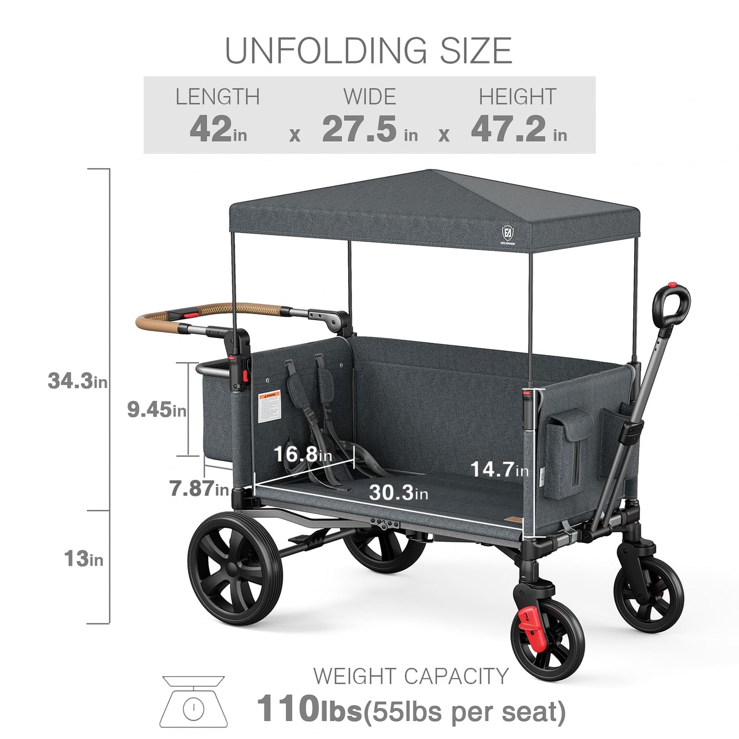 EVER ADVANCED Side-Unzip Stroller Wagon for 2 Kids - 2-in-1 Bench Mode & All-Terrain Push-Pull Wagon - Spica Cast & Special Needs Friendly - JPMA Certified, UV Canopy, Foldable for Zoo, Beach & Travel