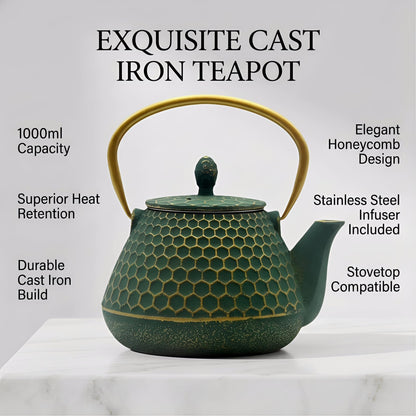 Cast Iron Tea Kettle, Japanese Tetsubin Teapot Coated with Enameled Interior, Durable Cast Iron Teapot with Stainless Steel Infuser for Stovetop Safe(1000ml/34oz)