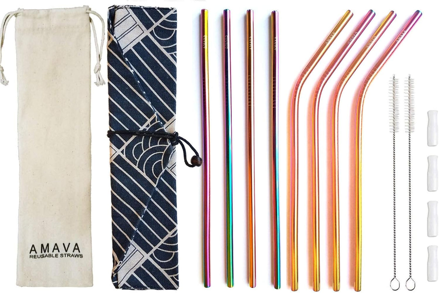 Reusable Straws Set, Stainless Steel Metal, Colorful, Includes 8 Straws, 4 Silicone Tips, 2 Cleaning Brushes, Travel