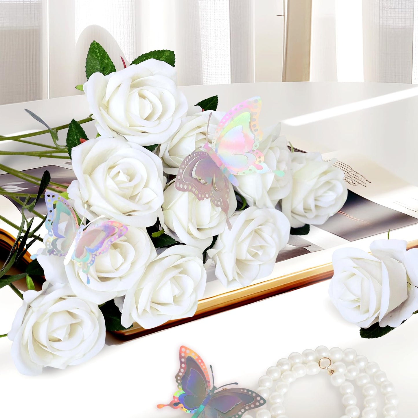 jabeick 50 Pcs Fake Roses White Artificial Flowers Bulk, Faux Velvet Silk Rose Bouquet with Long Stems Real Look for Wedding Party Centerpieces Vases Decor