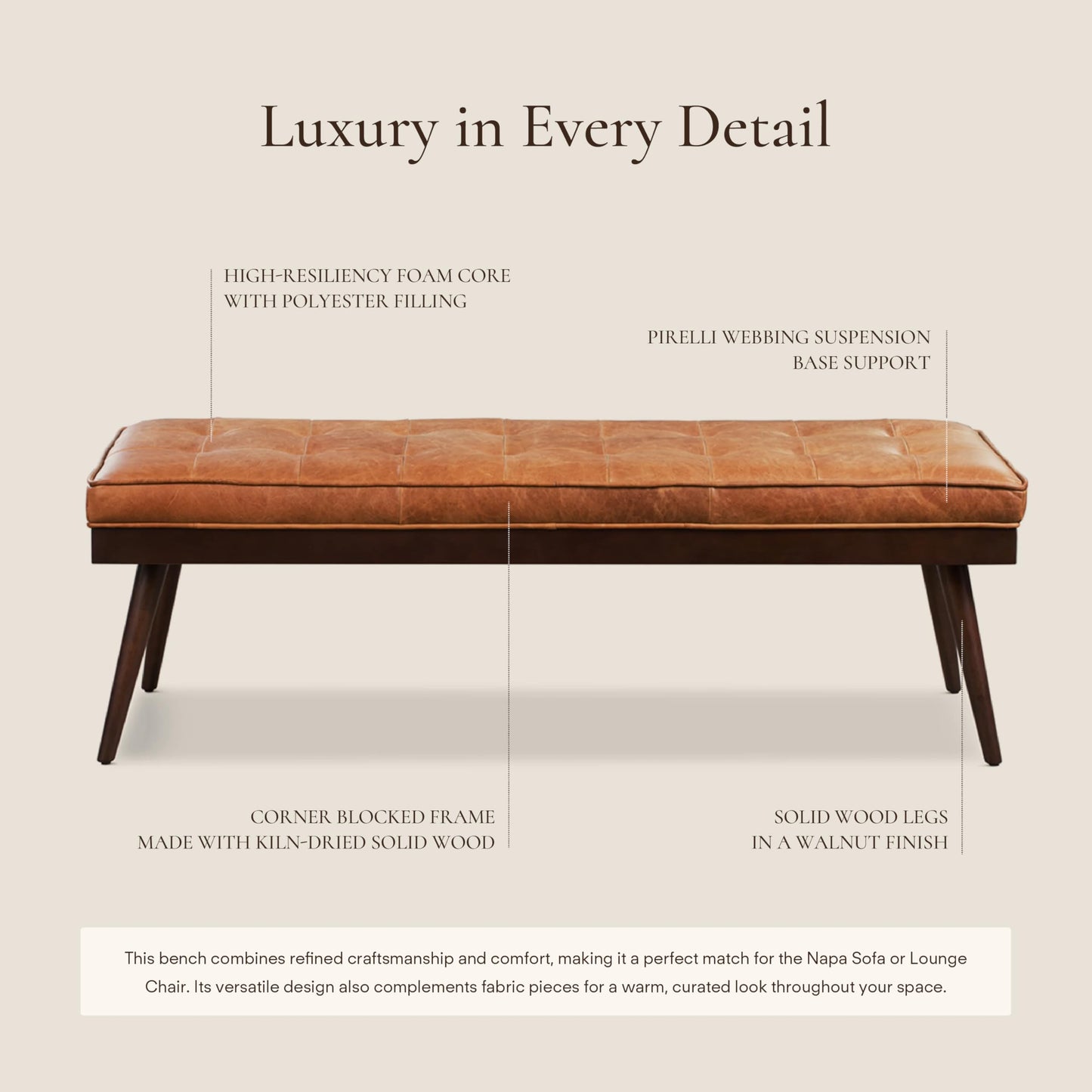 Poly & BARK 55" Tufted Leather Bed Bench for Bedroom End of Bed - Living Room Entry Way Bench - Pure Italian Leather Upholstery with a Solid Wood Frame - Ottoman Bench with Wooden Legs - Cognac Tan
