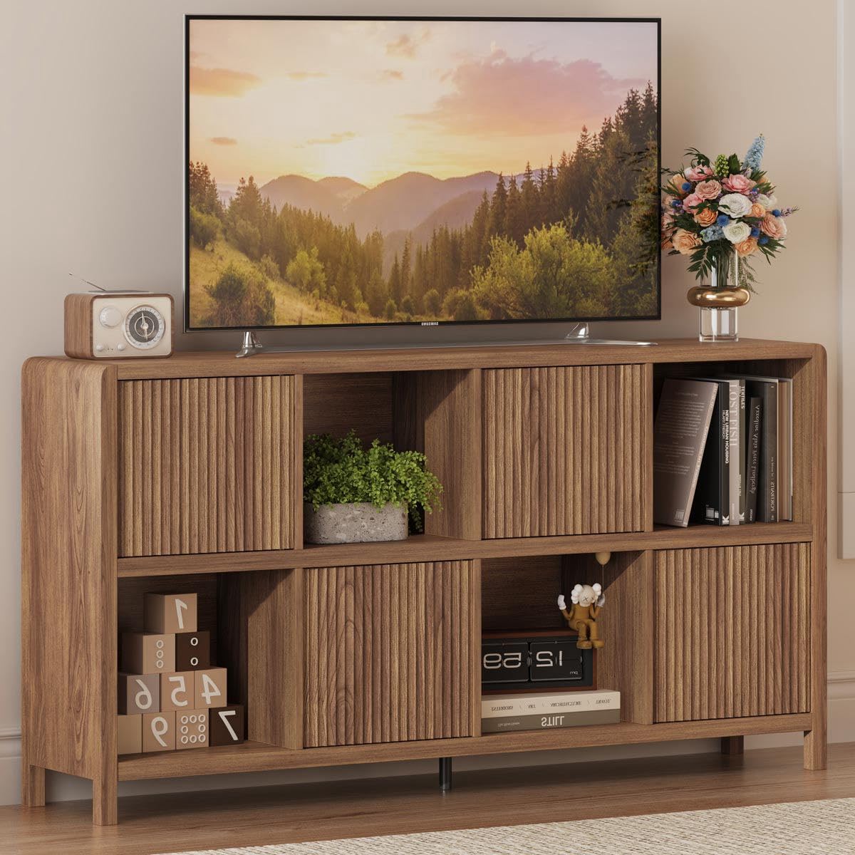 FATORRI 8 Cube Bookcase with 4 Doors, Wood Bookshelf with Storage Cabinet, Low Horizontal Storage Book Shelf for Living Room, Home Office, Dining (57 Inch Walnut)