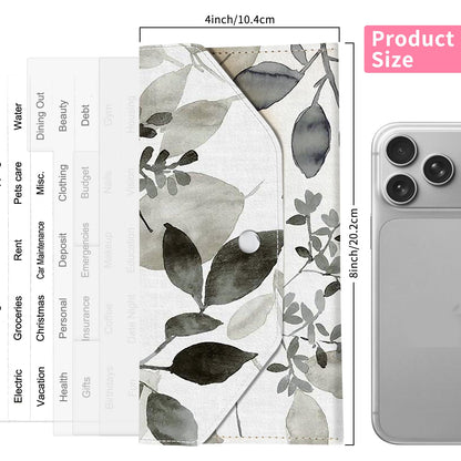 BOFKWSY Cash Envelope Wallet for Budgeting, PU Leather Cute Cash Pouch with 4 Cash Dividers & 1 Category Stickers, Reusable Money Holder for Men and Women Gray Leaf Sketch