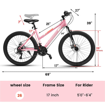Ecarpat Women's Mountain Bike 24/26 Inch Wheels, 21-Speed Trail Commuter City Mountain Bikes, 15"/17" Carbon Steel Frame Female Bicycles Disc Brakes Front Fork, Pink