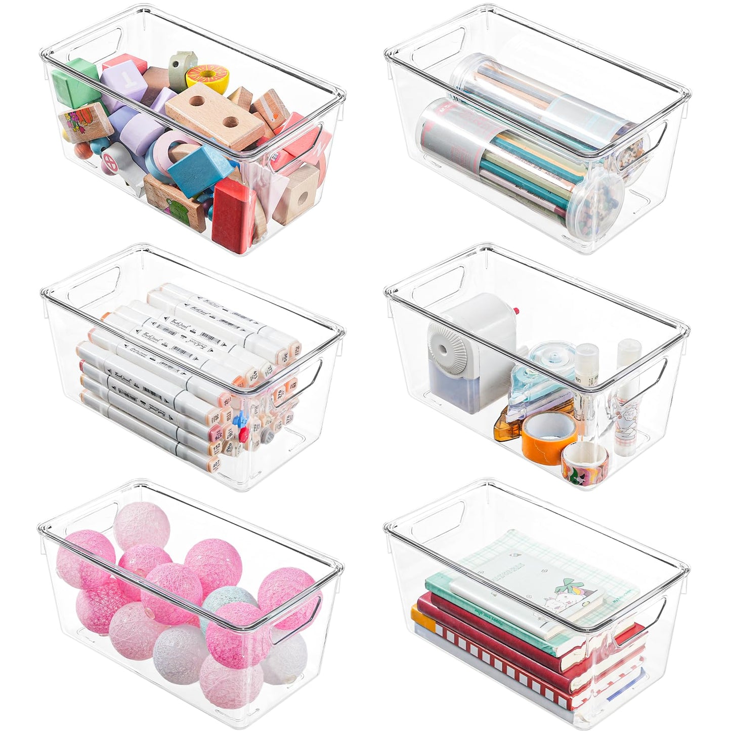 6 Pack Small Clear Storage Bins with Lids, Acrylic Arts and Craft Storage Containers, Stackable Clear Plastic Craft Storage Bins with Handles for Pantry Organizers and Storage, Kitchen, Fridge, Office