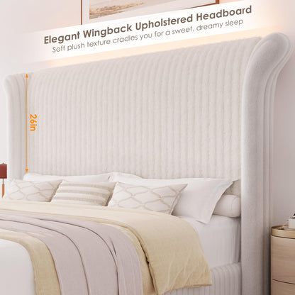 Keyluv King Bed Frame with 54.3” Tall Faux-Fur Wingback Headboard, Upholstered Platform Bed with LED Light, Mattress Foundation with Solid Wooden Slats Support, No Box Spring Needed, Noise-Free, Beige