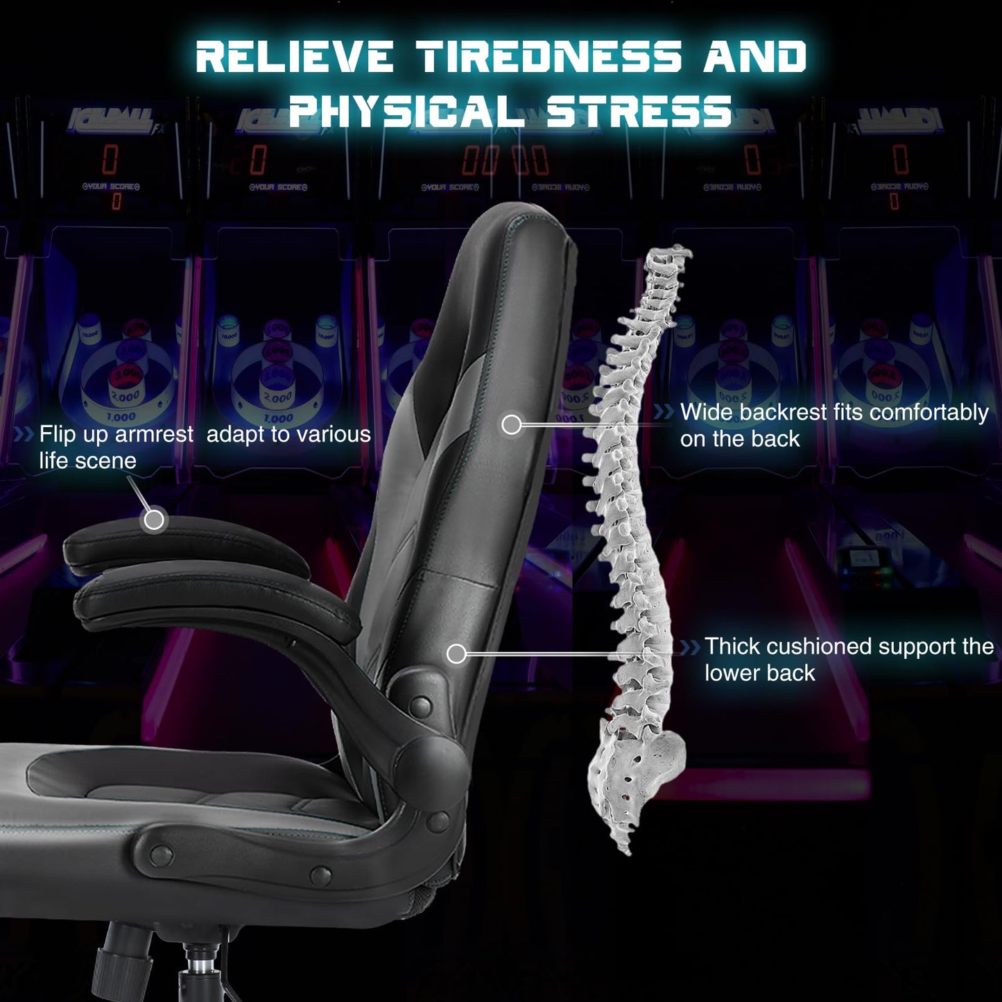 DUMOS Ergonomic Computer Gaming Chair - Home Office Desk with PU Leather Lumbar Support, Height Adjustable Big and Tall Video Game with Flip-up Armrest, Swivel Wheels for Adults and Teens