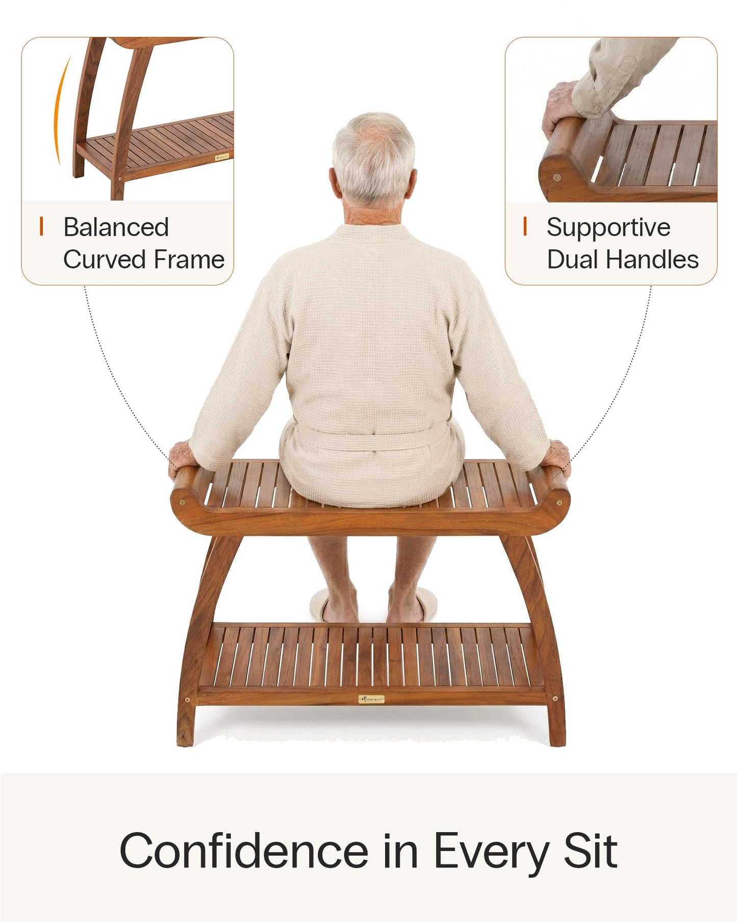 StrongTek Long Teak Shower Bench with Handles and Shelf, Solid Teak Wood Bathroom Bench, Quick-Dry Slatted Bath Bench, 29.5" L x 12.5" D x 24" H, 400 lbs Capacity, for Shower or Bathroom