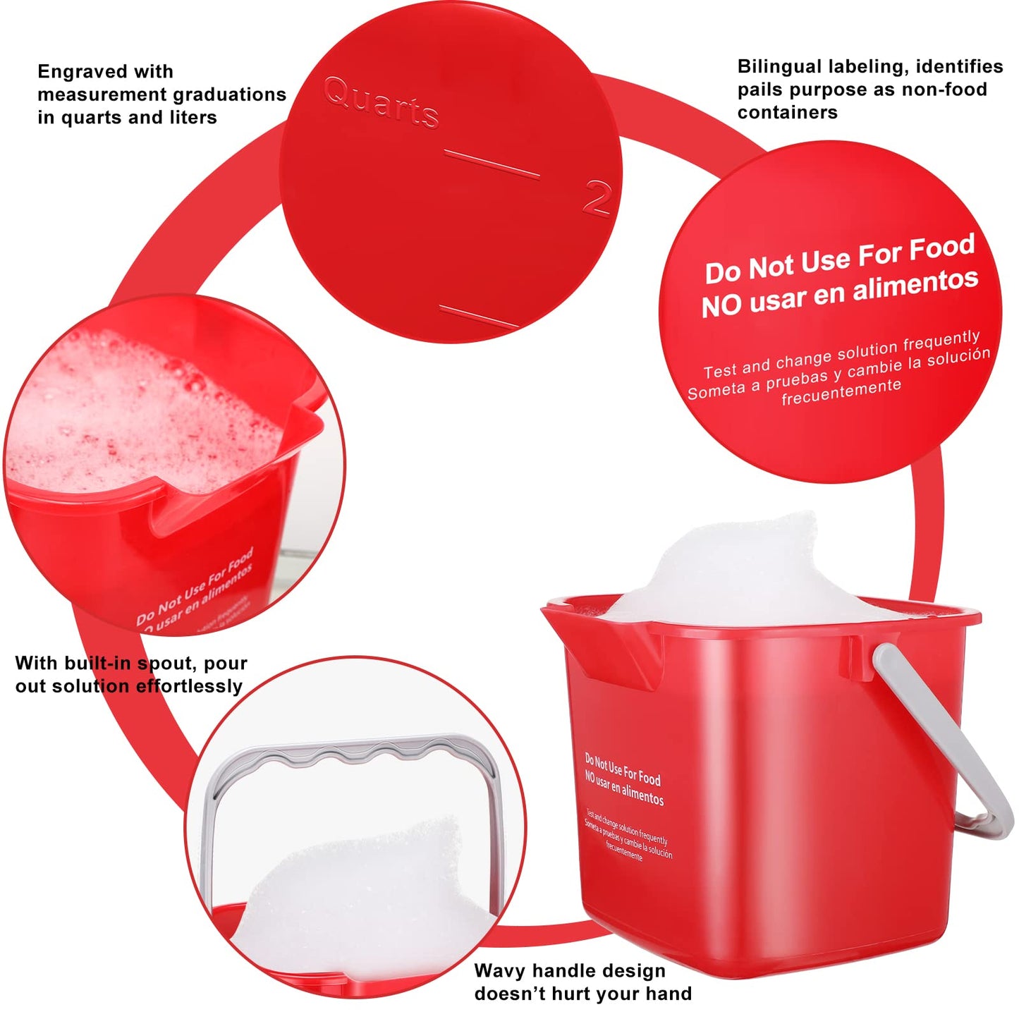 Roshtia 6 Pcs 3 Quart Cleaning Bucket Small Sanitizing Square Bucket Detergent Pail for Home Commercial Restaurant Kitchen Office School (Red)