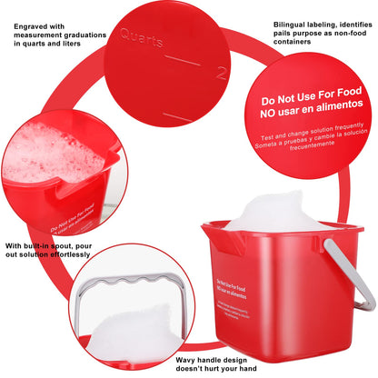 Roshtia 6 Pcs 3 Quart Cleaning Bucket Small Sanitizing Square Bucket Detergent Pail for Home Commercial Restaurant Kitchen Office School (Red)