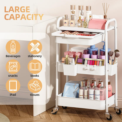 3 Tier Metal Rolling Utility Cart with Drawer & Lockable Wheels - Heavy Duty Multifunctional Storage Organizer with 2 Cups and 4 Hooks for Bathroom, Kitchen, Snack, Craft, Makeup, Baby Essentials