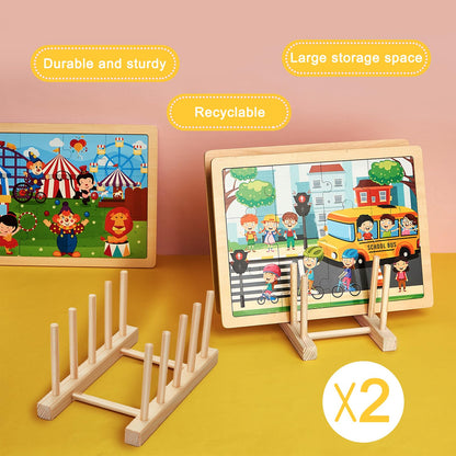 Barydat 2 Pcs Wooden Puzzle Display Stand Jigsaw Holder Rack Puzzle Pot Lid Storage Organizer Shelf for Playroom Decor Craft Collection Lovers