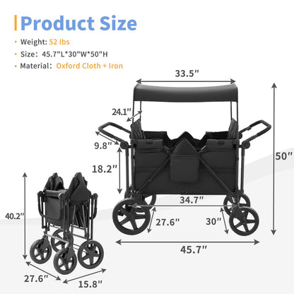 Stroller Wagon for 4 Kids, 4 Seater Wagon Stroller Featuring 4 High Seat with 5-Point Harnesses and Adjustable Canopy, Foldable Double Push Bar Wagon Stroller 4 Seater for Garden, Camping (Black)