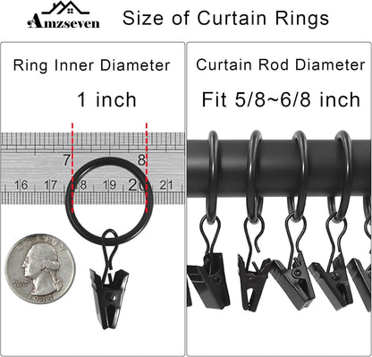 44 Pack Metal Curtain Rings with Clips | Drapery Clips with Rings | Fits Diameter 6/8 in Curtain Rod, Black