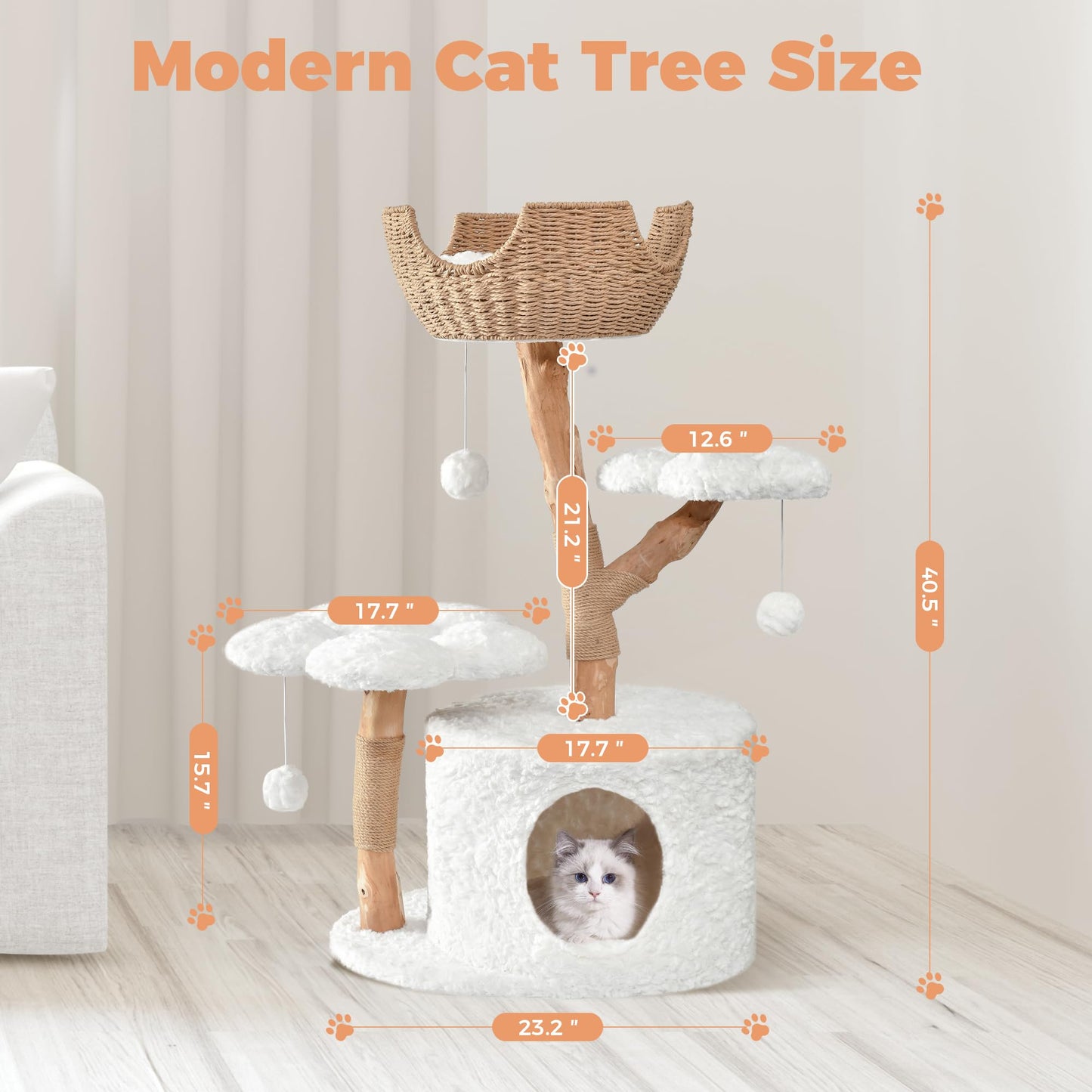Easyego Modern Cat Tree, 40.5" Aesthetic Wood Cat Tree Tower for Large Cats, Luxury Cat Condo with Scratching Posts and Flower Platforms, Cat Furniture, White