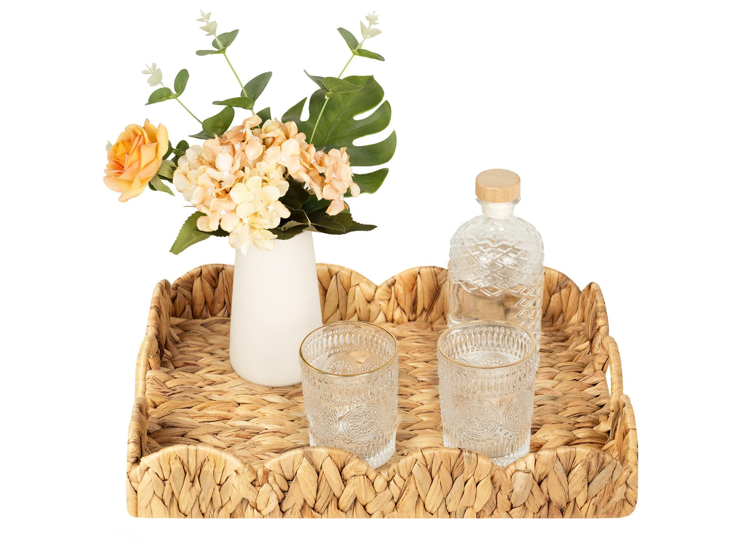 StorageWorks Rectangle Wicker Scalloped Tray, Rattan Serving Trays with Handles, Water Hyacinth Basket for Decorative & Organizing, 15.75" L x 11.5" W x 2.75" H