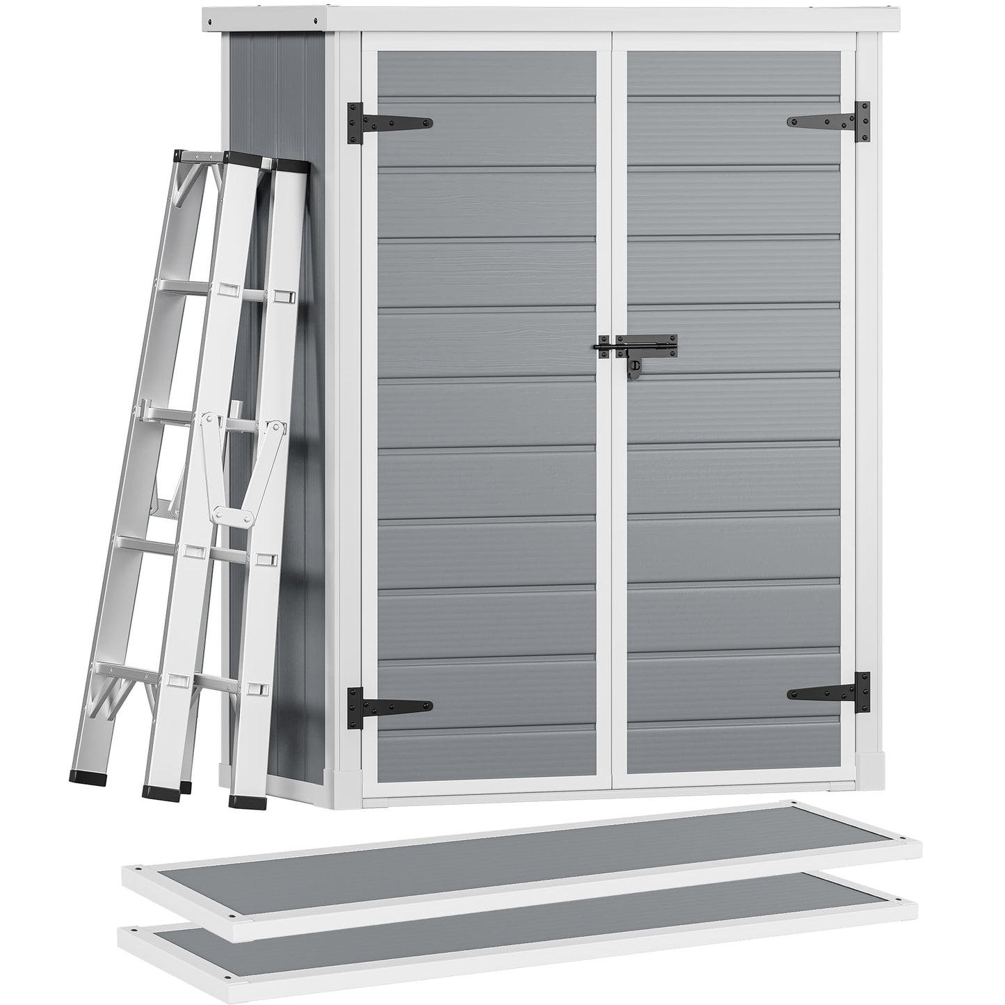 DWVO 4.3x2x5.5ft Outdoor Vertical Storage Shed with 2 Shelves, 50 Cu Ft Waterproof Resin Garden Shed with Lockable Door, Plastic Tall Tool Cabinet for Garbage Cans, Lawn Garden Supplies (Gray)