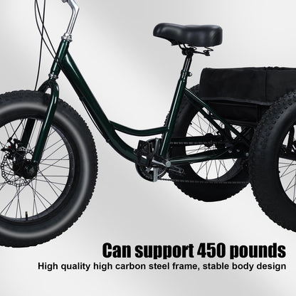 LEAQU 3 Wheel Bikes for Adults, 20 Inch Adult Tricycle, Three Wheel Bikes for Adults, 7 Speed Tricycle with Double Disc Brake, Fat Tire Bike with Spacious Shopping Basket, Black