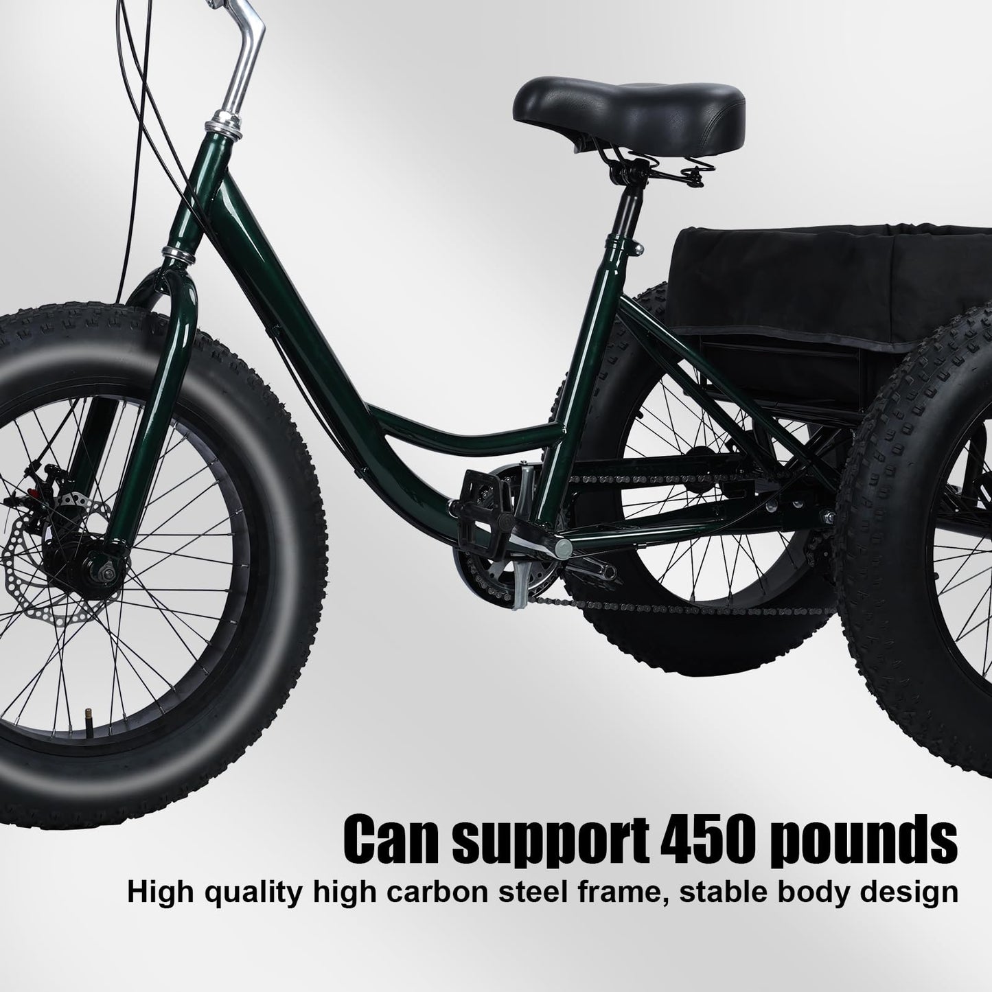 Masiunoz Fat Tire Tricycle for Adults with 450 lbs Capacity, 7-Speed, 20" x 4" Fat Tires, Double Disc Brake and Large Rear Basket for Commuting, Shopping, Camping,Adults Tricycle
