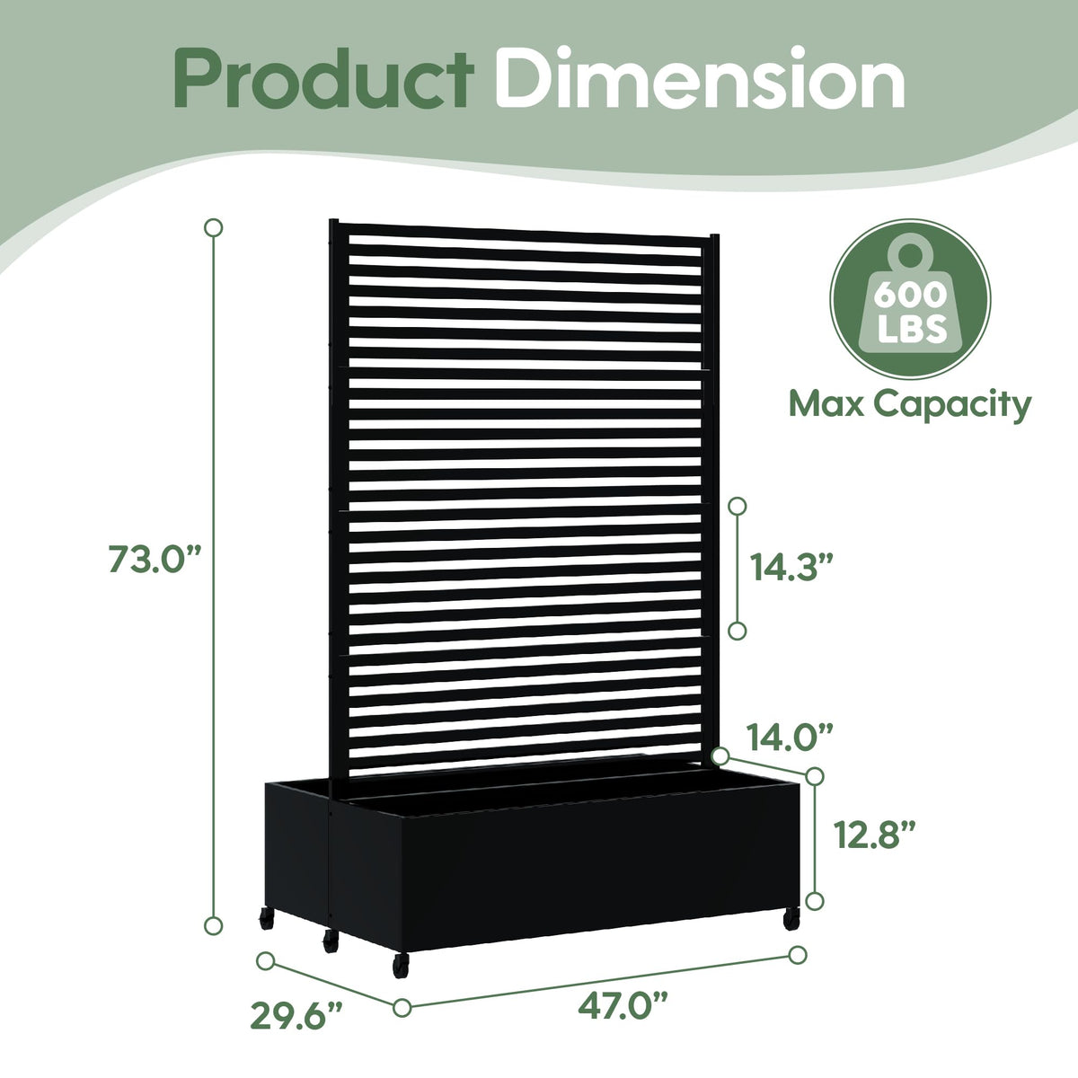 Sunnibety Double Metal Planter Box with Trellis Privacy Screen, Raised Garden Bed with Trellis & Wheels, Planter Box Outdoor with Drainage Holes for Climbing Plants, Vines,73"x 47"x 30", Black