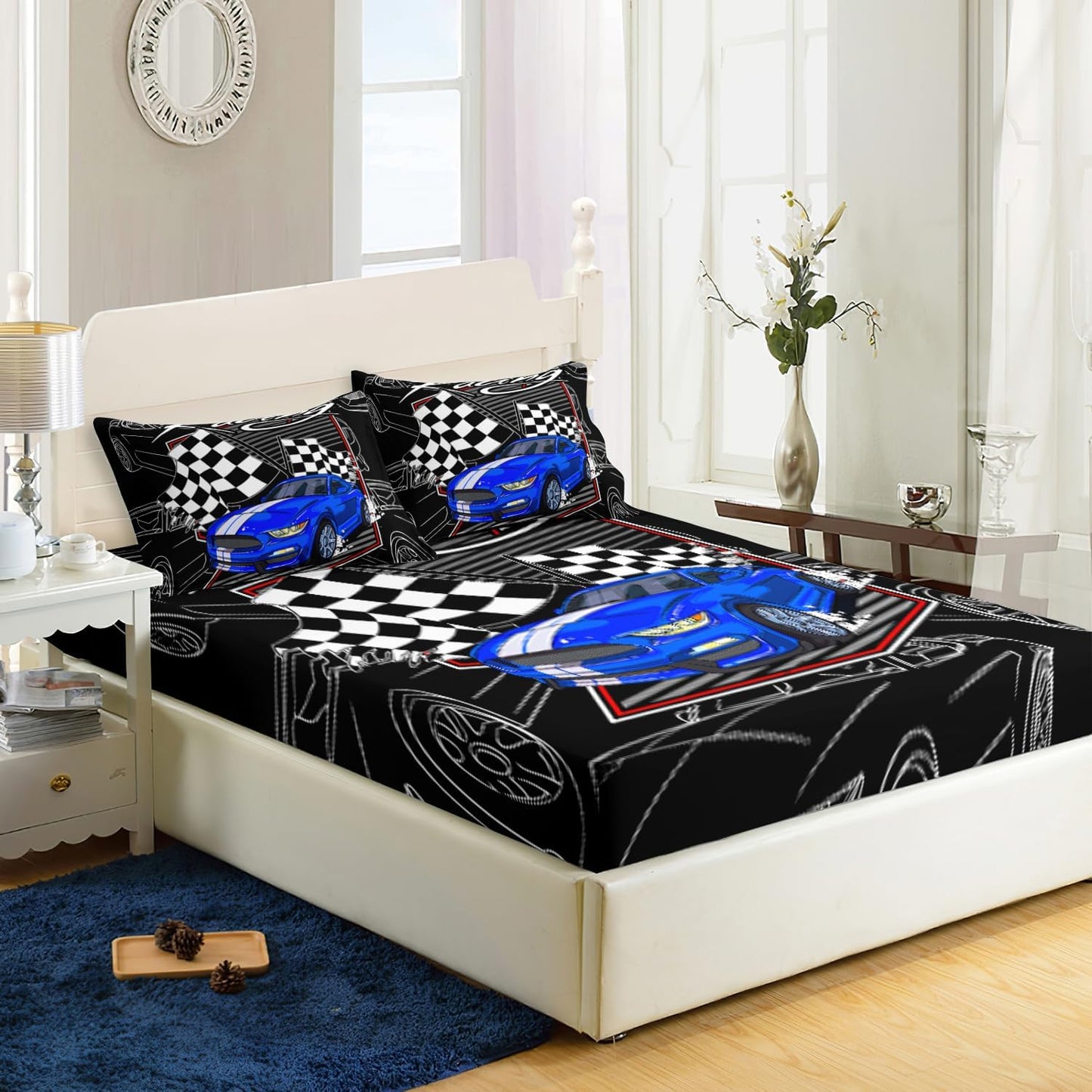 Set 3PCS,1 2 AILONEN Blue Racing Car Fitted Sheet Twin Size, Speed Sports Car Bed Sheet for Kids Boys Teens,Extreme