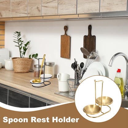uxcell Spoon Rest Holder, 8.5x4.3x8.5 Inch Stainless Steel Upright Ladle Rack Set with Double Round Stainless Steel Bowl, Portable Upright Spoons Rest for Home Kitchen Counter, Gold