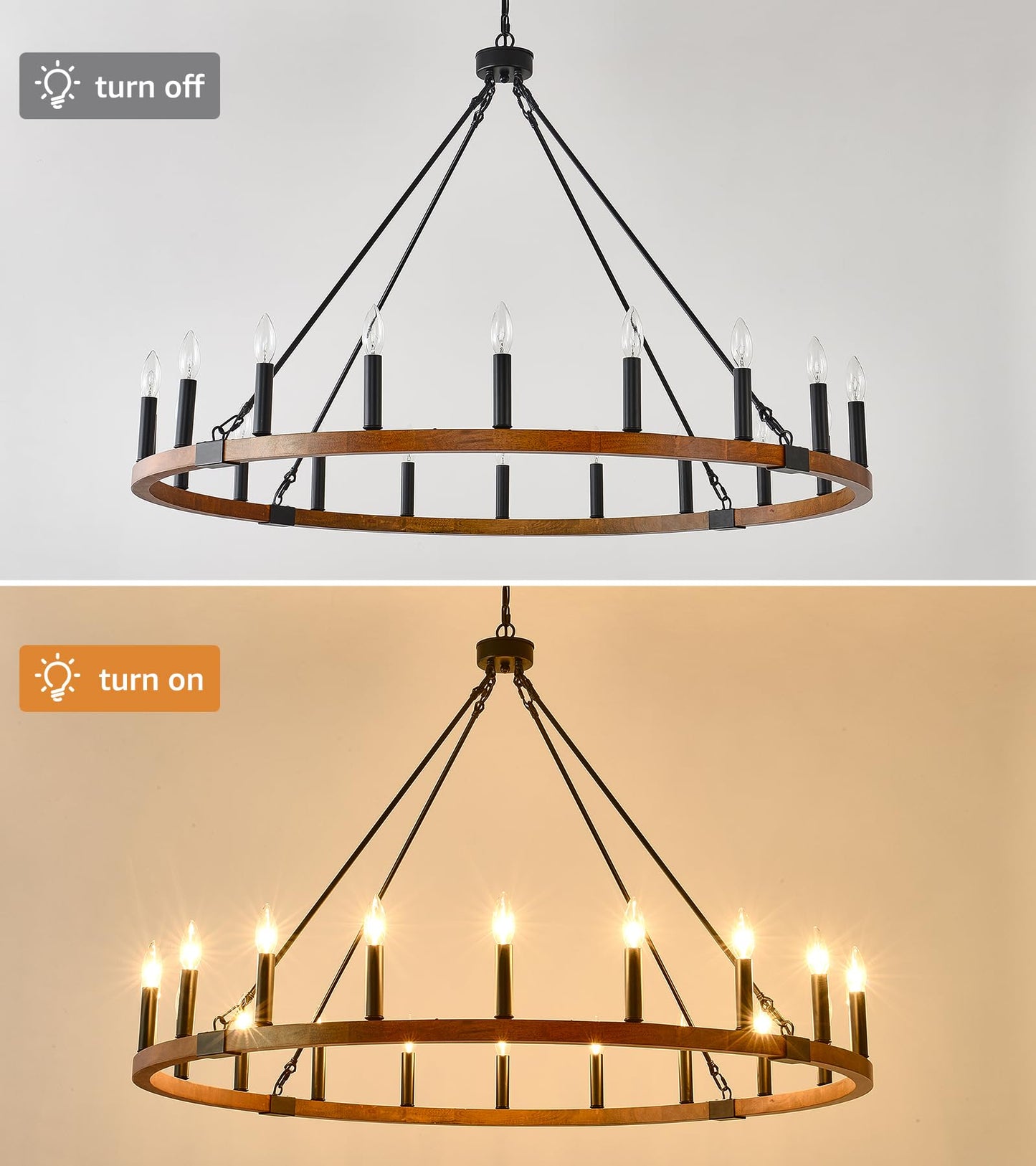 HHR 48 Inch Wood Wagon Wheel Chandelier, 20-Light Large Rustic Chandeliers for High Ceilings, Farmhouse Dining Room Light Fixtures for Foyer, Living Room, Porch