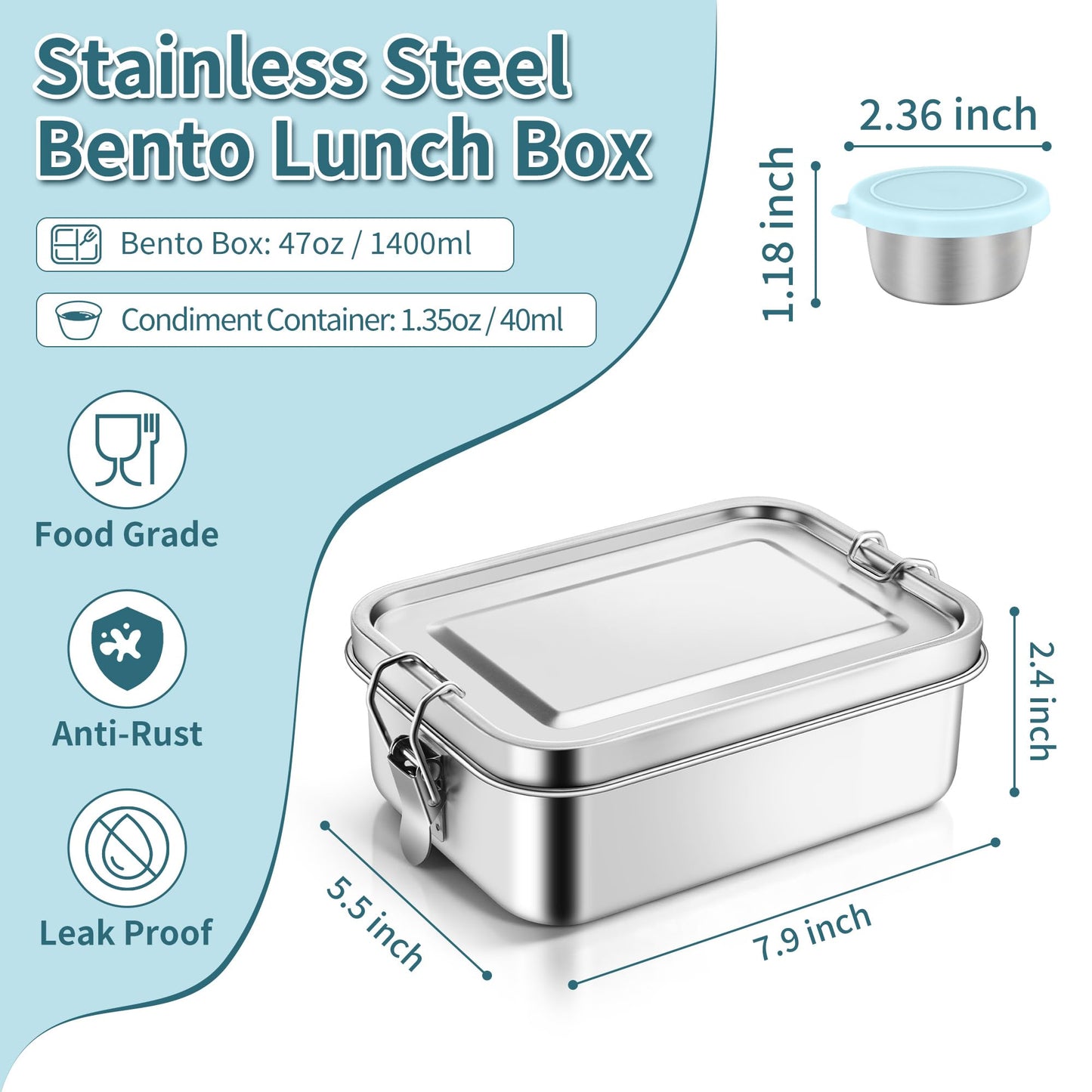 TeamFar Stainless Steel Bento Box, 47oz/1400ml Metal Lunch Box with Condiment Container for Adults/Kids, 3 Compartment Food Storage Container for School/Work, Leak-Proof & Dishwasher Safe, Blue