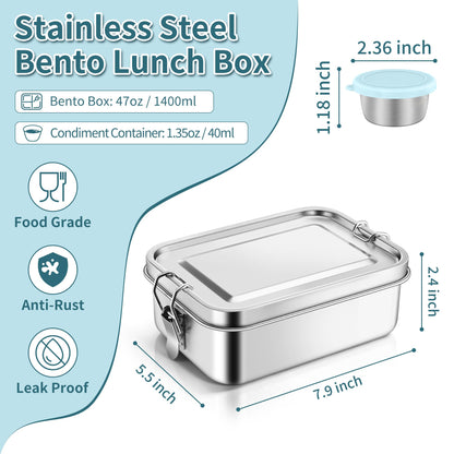 TeamFar Stainless Steel Bento Box, 47oz/1400ml Metal Lunch Box with Condiment Container for Adults/Kids, 3 Compartment Food Storage Container for School/Work, Leak-Proof & Dishwasher Safe, Blue