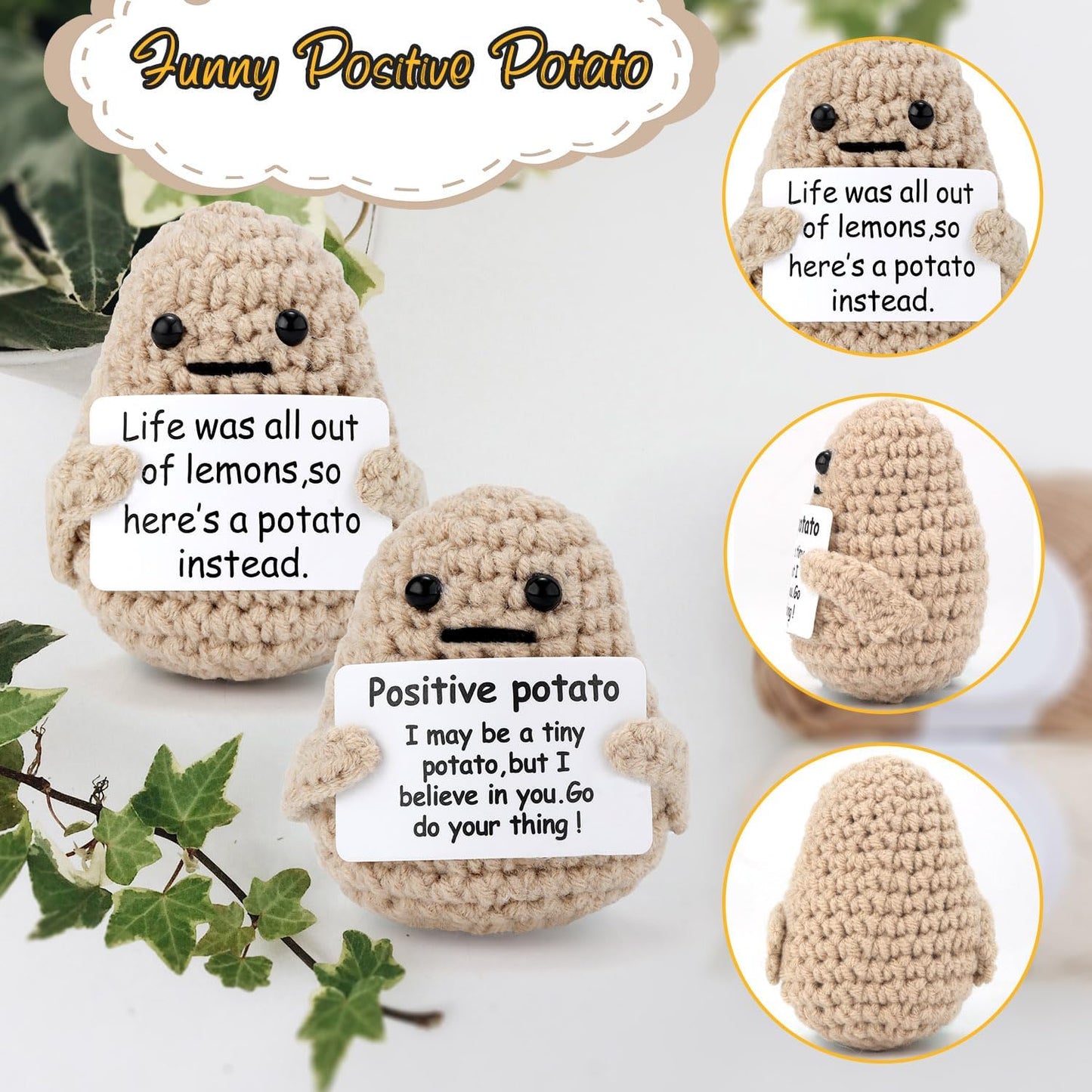 TOYMIS 2pcs 3inch Mini Funny Positive Life Potato, Interesting Knitted Wool Potato Doll Creative Cute Funny Knitted