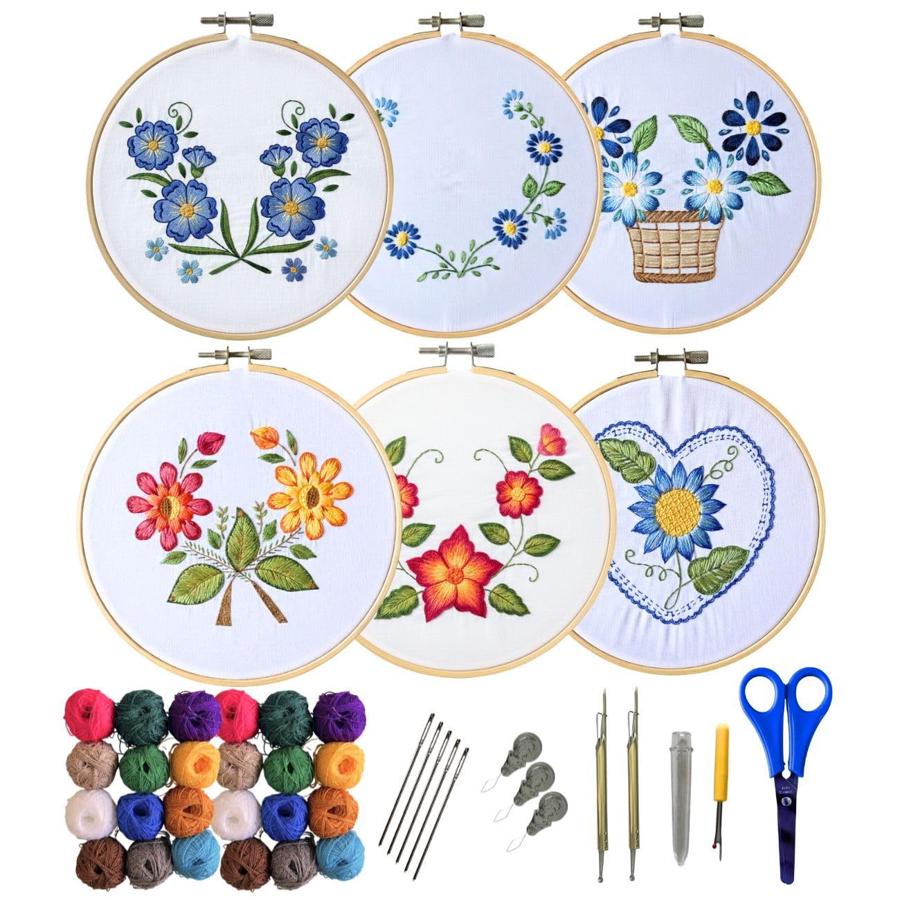 Beginner Embroidery Kit for Adults - Mexican Floral DIY Embroidery Starter Kit with Cotton Napkins, Bamboo Hoop, Threads, Needles & Tools - 43-Piece Embroidery Set (Random Designs, Intermediate)