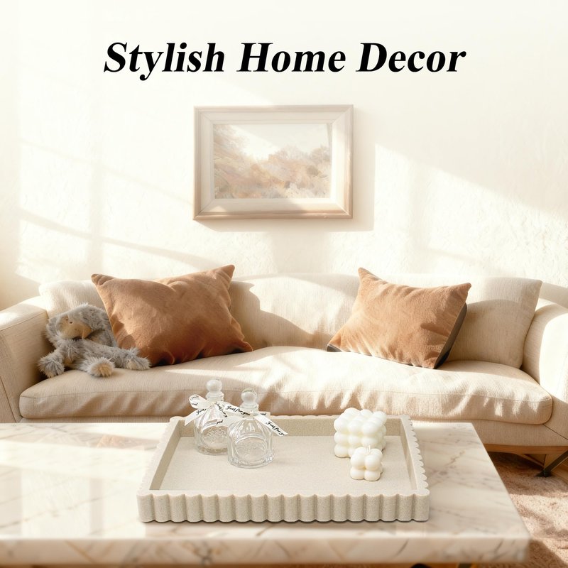 YMXYJM-Scalloped Coffee Table Tray，Ottoman Tray for Modern Home Decor. 14" Decorative Tray for Entryway Table Decor, Living Room Table Decor, Coffee Table Centerpiece - Beige Resin
