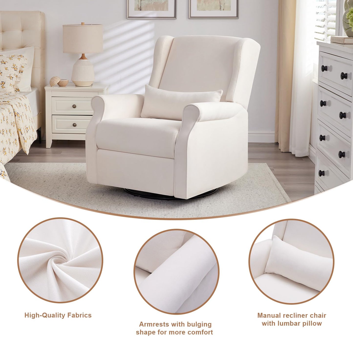 Eiayeebil Nursery Swivel Glider Recliner,Rocking Chair Nursery with Footrest,Rocking Recliner Chair for Nursery,Glider Rocker Recliner for Living Room & Bedroom,Beige