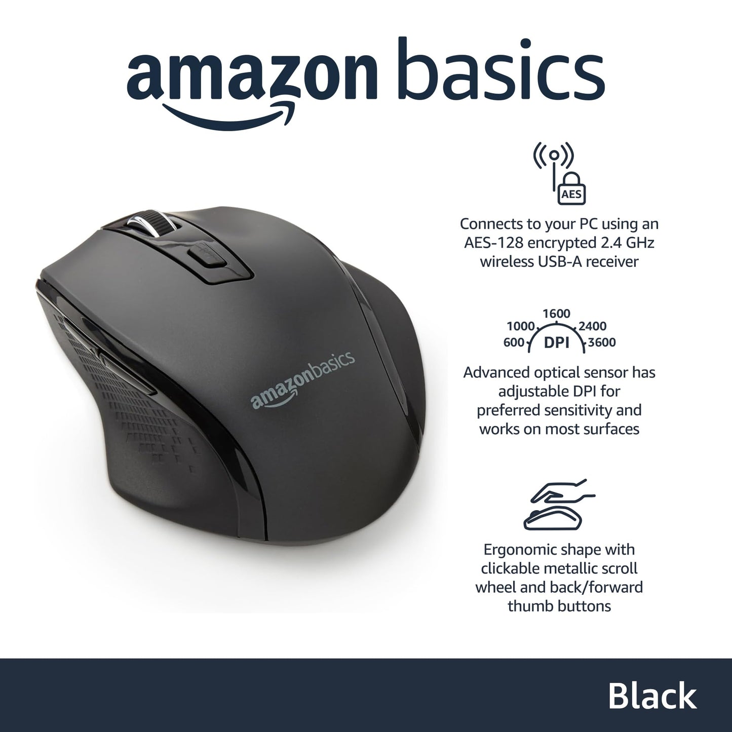 Amazon Basics Computer Mouse Wireless, Ergonomic, 2.4 GHz Optical, DPI Adjustable, Compatible With PC, Mac, Laptop, Black