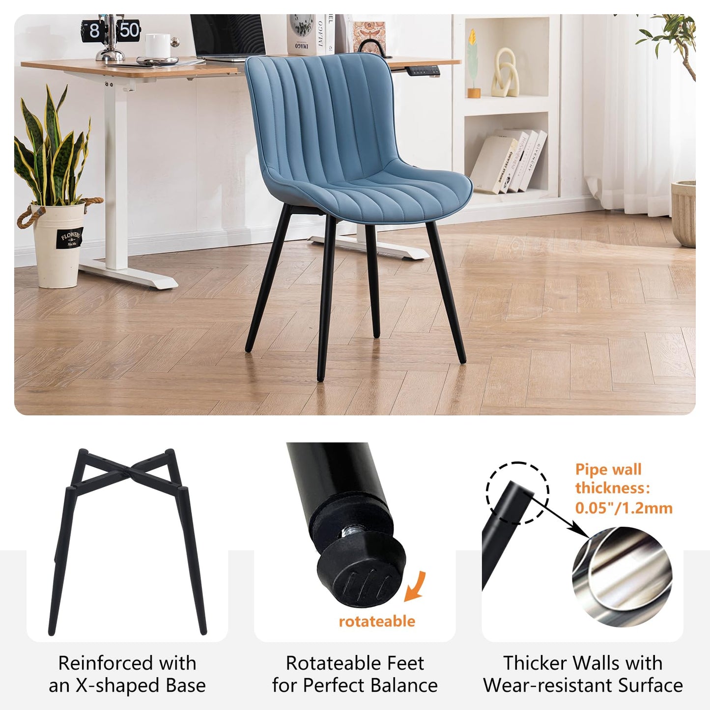 YOUNUOKE Mid-Century Modern Dining Chairs Set of 2, Blue PU Leather Upholstered Kitchen Chairs with Black Metal Legs, Armless Accent Chair for Dining Room, Guest Reception Room