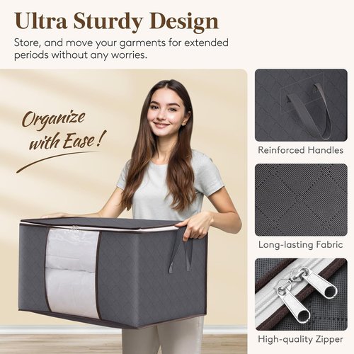 Lifewit 90L Clothes Storage Bins - 9 Pack Foldable Bags with Lids, Zippers & Clear Windows | Ideal for Organizing Clothing & Bedding