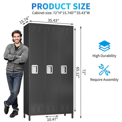 PioneerWorks 3-Door Metal Storage Locker with 9 Hooks, Heavy Duty Steel Locker for Gym, School, Office, Garage, Employee Locker Room, Home Organization, Black, Assembly Required