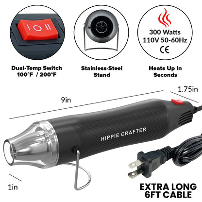 HIPPIE CRAFTER Heat Gun for Crafting, 2-Speed 300W Craft Heat Gun, Mini Hot Air Torch Tool for Resin, Polymer Clay, Candle Making, Shrink Wrapping, Embossing, Epoxy Painting