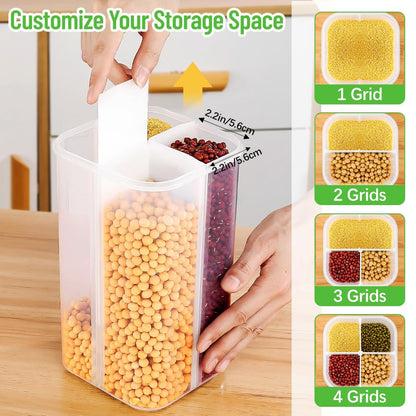 2 Packs Pasta Cereal Storage Containers, 2.5L Airtight Grain Dispenser with Lids, Spaghetti Container Storage with 4 Compartments for Noodle, Rice, Nuts, Flour, Beans