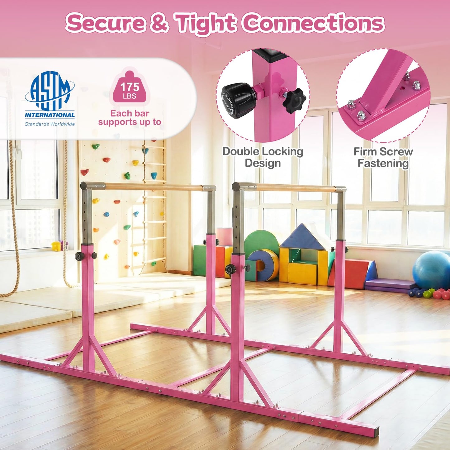 Goplus Double Horizontal Bars, Junior Gymnastic Parallel Bars with 13-Level 33"-57" Adjustable Heights & 6-Level Adjustable Width, 350 LBS Capacity for Indoor Outdoor Training (Pink)
