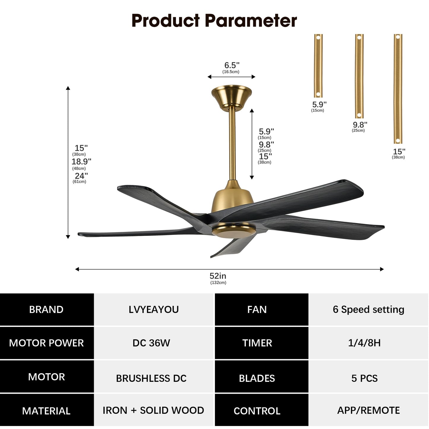 LVYEAYOU 52 Inch Solid Wood Ceiling Fan No Lights, Remote and APP Control, DC Motor, 6-speed Reversible, for Bedroom, Living Room, Office, Black Gold