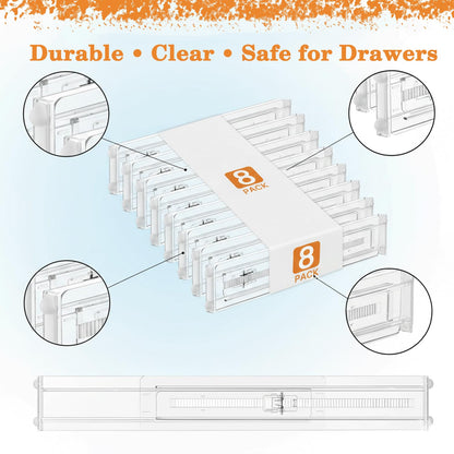 Casaverra Acrylic Drawer Dividers – Adjustable 11–20.8 Inch Expandable Deep Dresser Drawer Dividers – Clear Plastic Drawer Separators for Baby Clothes, Underwear, Kitchen & Office Storage.