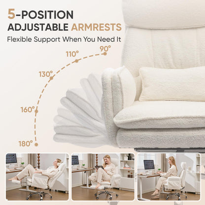 EGSEAT Big and Tall Office Chair with Flip Armrests, Cross Legged Office Chair with Storage Pockets, Comfortable Reclining Computer Chair with Foot Rest, Wide Home Desk Chair, Teddy Fleece, Cream