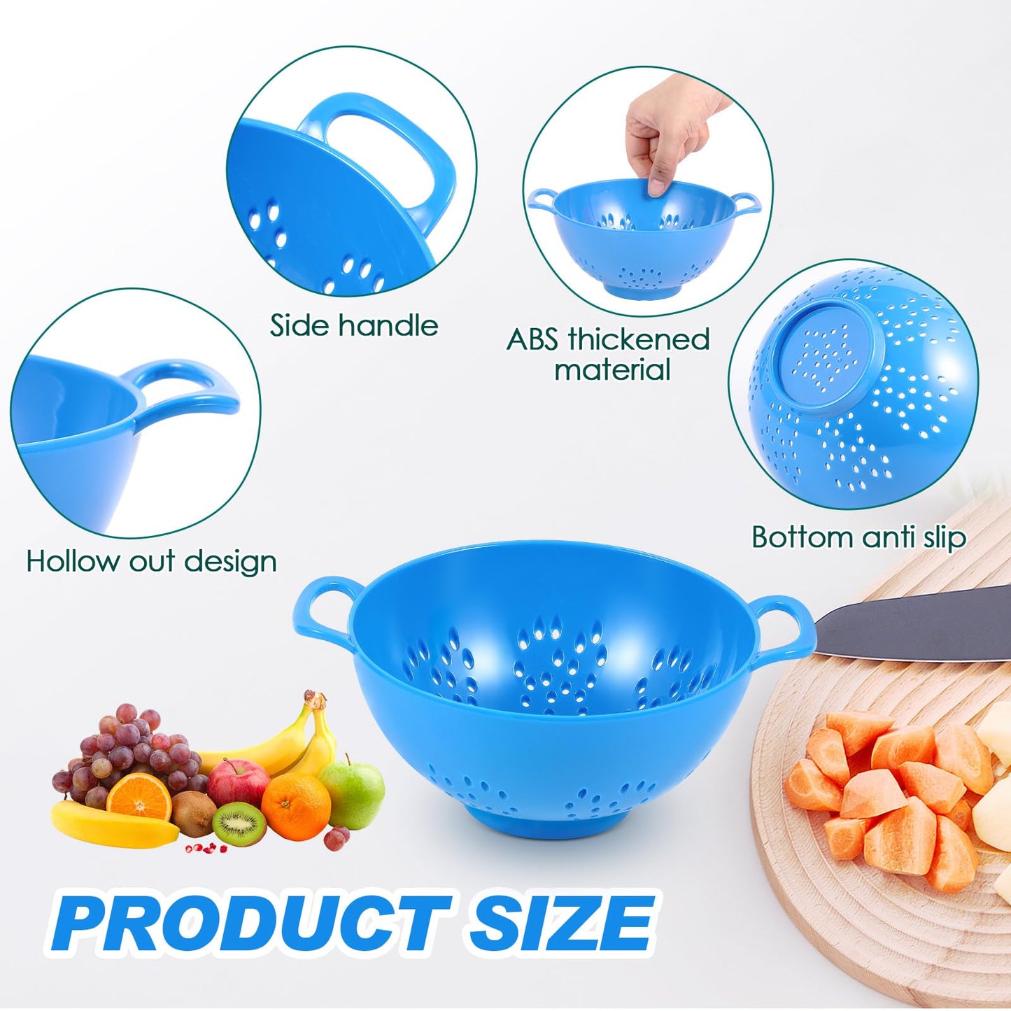 Baderke 4 Pack Mini Colander for Kitchen Plastic Berry Strainer with Double Handles 7.5 x 6 x 3 Inch Small Colander Strainer for Fruits Vegetables Food(Green, Red, Blue, Lemon Yellow)