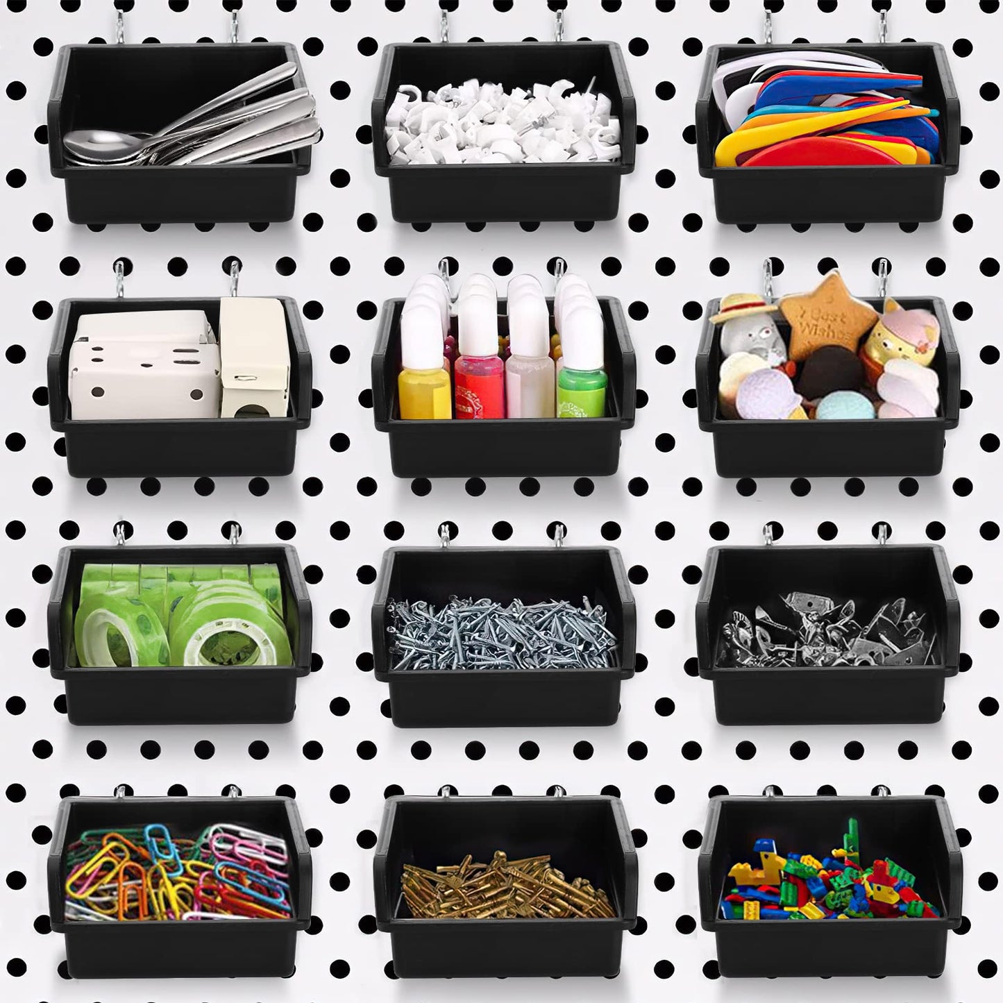 Foraineam 16 Pack Pegboard Bins with Metal Hooks, Black Garage Workbench Bins Cups Peg Board Accessories Kit, Pegboard Tools Organizer for Hardware, Workshop, Craft Room, Tool Shed, Hobby Supplies