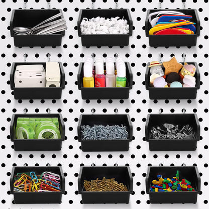 Foraineam 16 Pack Pegboard Bins with Metal Hooks, Black Garage Workbench Bins Cups Peg Board Accessories Kit, Pegboard Tools Organizer for Hardware, Workshop, Craft Room, Tool Shed, Hobby Supplies