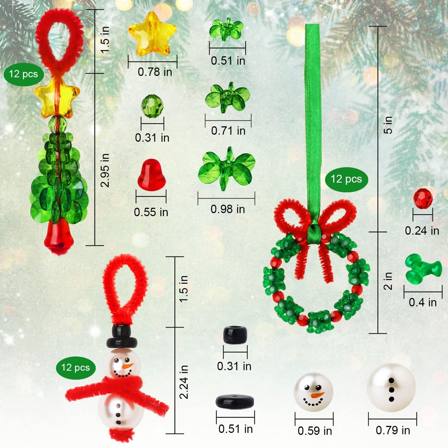 GYGOT Christmas Crafts,36 Sets Beaded Ornament Kit-Including 12 PCS Snowman/12 PCS Christmas Tree/12 PCS Wreath,Xmas Party Holiday Craft Tree Decorations (Assembly Needed)