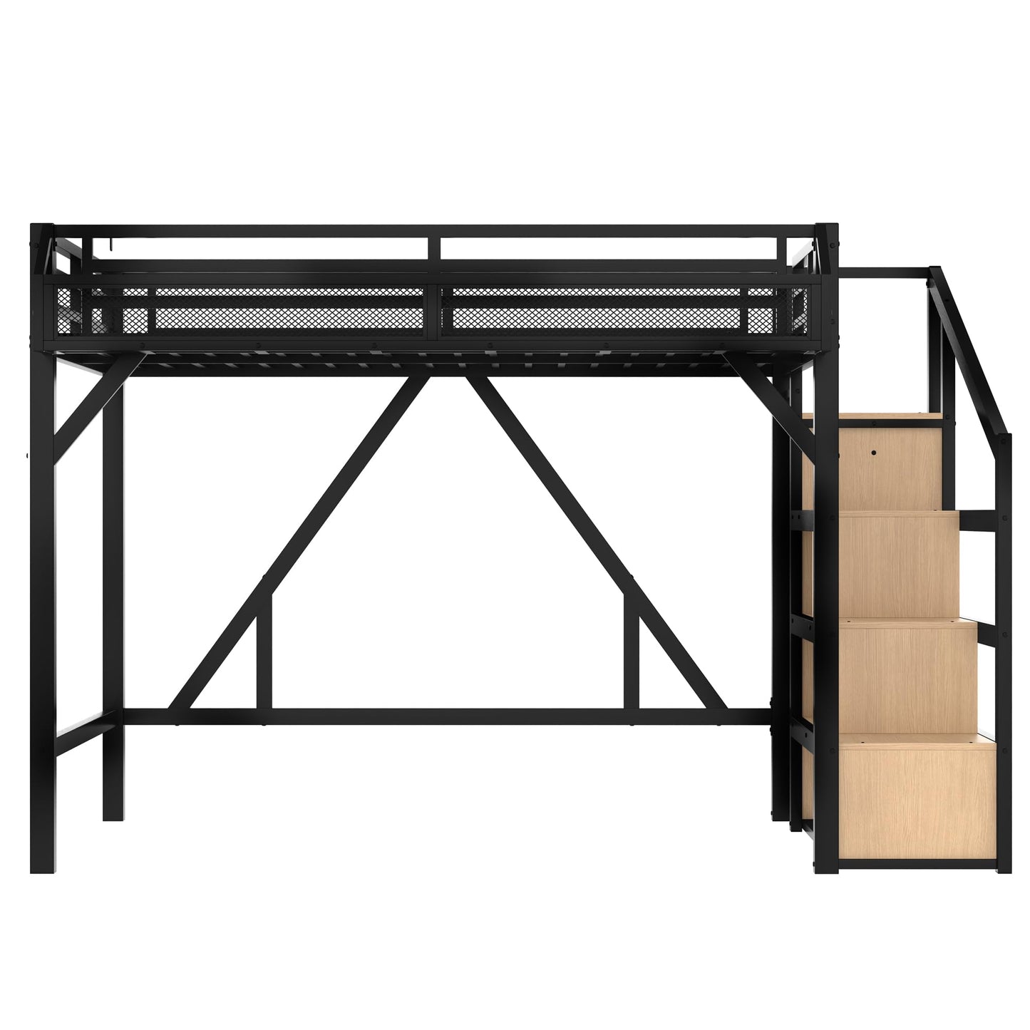 KEIKI Queen Size Loft Bed with Storage Stairs for Adults, Heavy Duty Bunk Beds with Shelves, Wardrobe, Metal Bedframe with USB Ports for Bedroom, Natural
