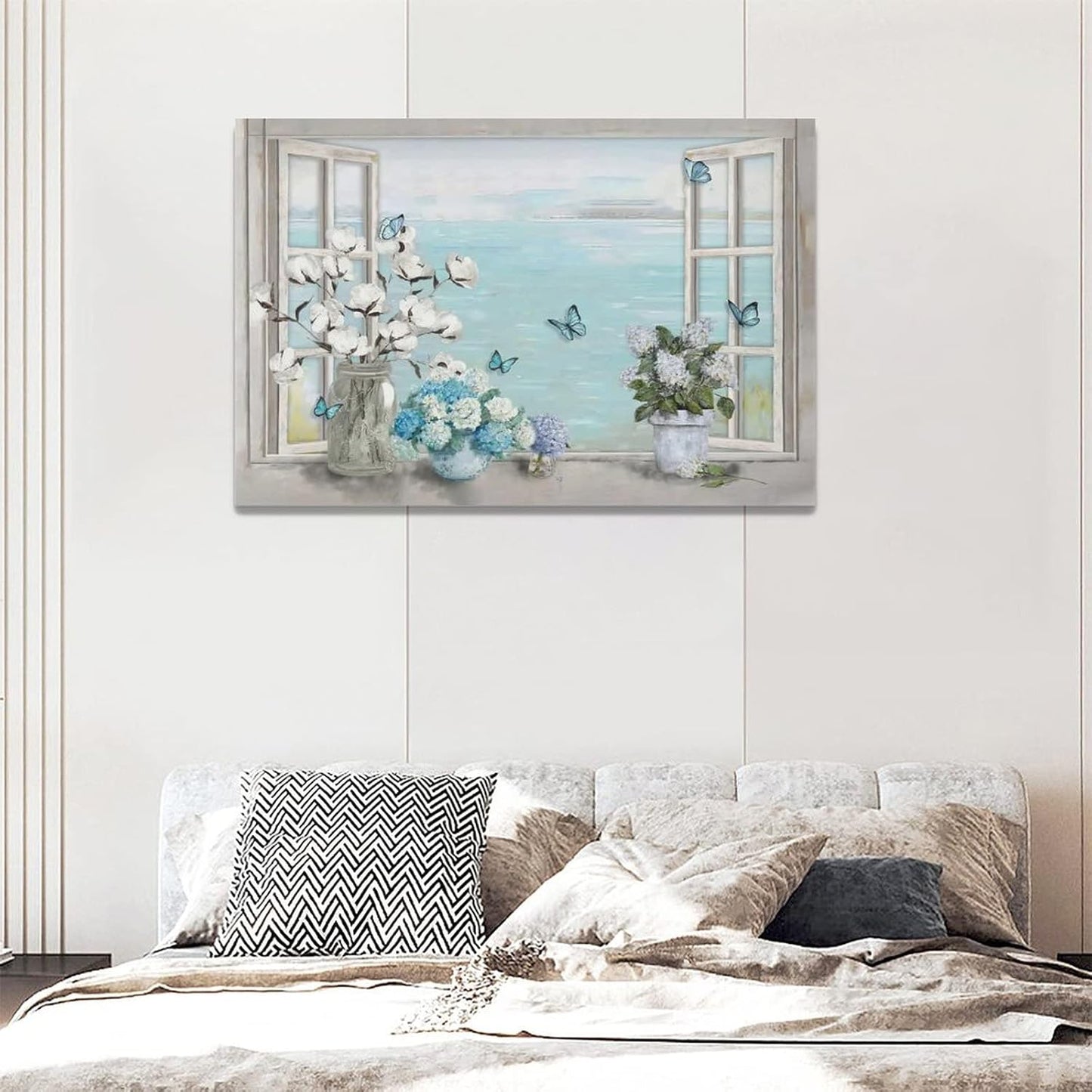 Cotton Hydrangea Bathroom Wall Art - Farmhouse Flower Butterfly Pictures, Framed Artwork for Bathroom